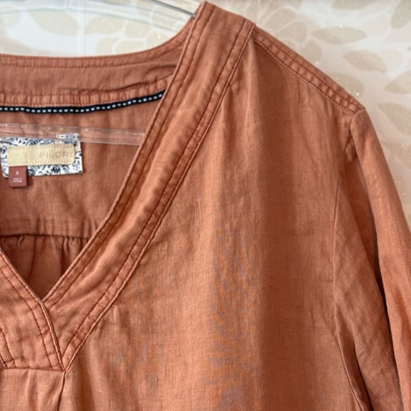 Pilcro Anthropologie Women’s S Coral LINEN Boxy Short Sleeve V Neck Top Blouse - Picture 3 of 8